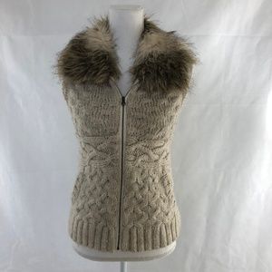 LOFT Tan Cable Knit Vest with Faux Fur Collar SIZE